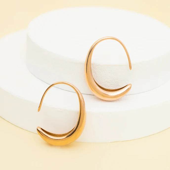 Crescent Moon Thread Drop Earrings in Rose Gold