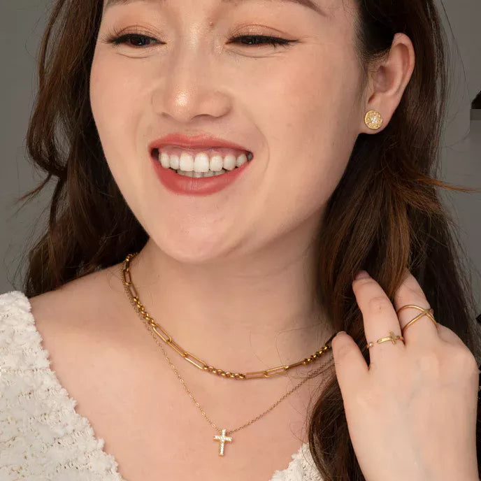 Magdalene Rose Gold Cross Ring Model Shot