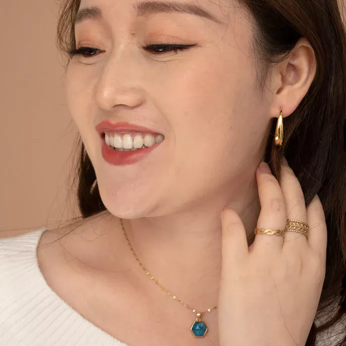 Crescent Moon Thread Drop Earrings In Gold Model Shot