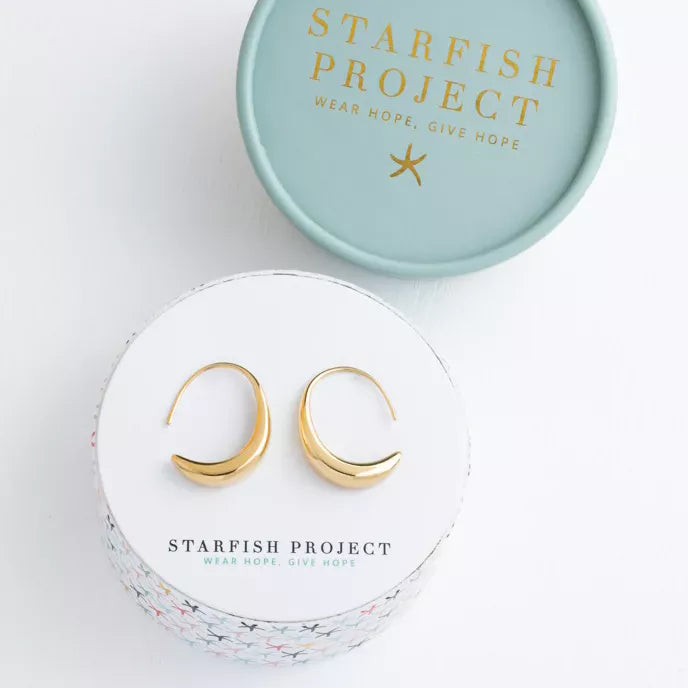 Crescent Moon Thread Drop Earrings In Gold Box Shot